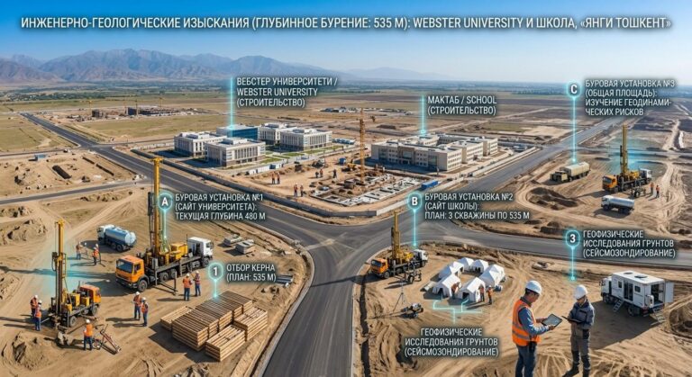 Инженерно-геологические изыскания (бурение 535 м): Webster University и школа, «Янги Тошкент»